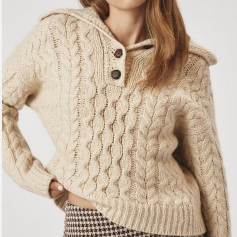 ANTHROPOLOGIE Fisherman Sweater Cotton Wool Blend Large Made In Italy Cable Knit